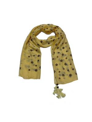 Soft Cotton Stole with Digital Star print and Bead Fringes - Yellow 1