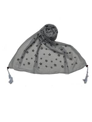 Soft Cotton Stole with Digital Star print and Bead Fringes - Grey 1