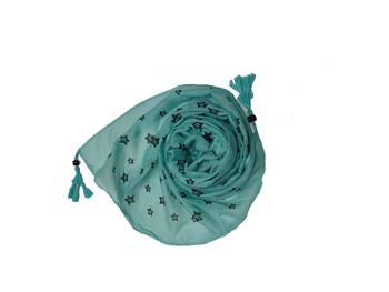 Soft Cotton Stole with Digital Star print and Bead Fringes - Sea Green 1