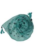 Soft Cotton Stole with Digital Star print and Bead Fringes - Sea Green