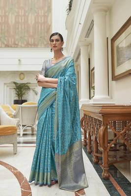 Sky blue woven silk saree with blouse 1