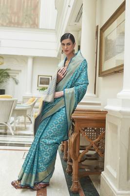 Sky blue woven silk saree with blouse 2