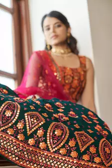 Green & Deep Pink Gotta Patti With Thread And Sequins Embroidered Georgette Semi Stitched Lehenga