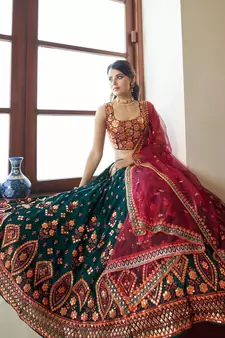 Green & Deep Pink Gotta Patti With Thread And Sequins Embroidered Georgette Semi Stitched Lehenga