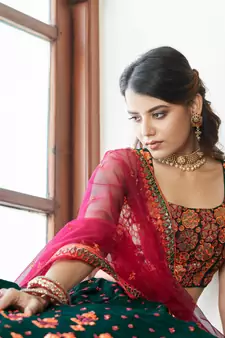 Green & Deep Pink Gotta Patti With Thread And Sequins Embroidered Georgette Semi Stitched Lehenga