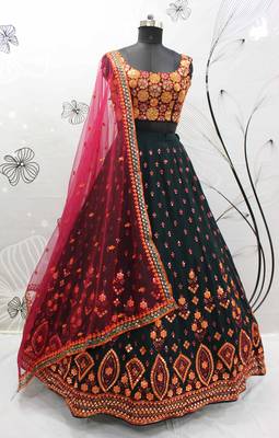 Green & Deep Pink Gotta Patti With Thread And Sequins Embroidered Georgette Semi Stitched Lehenga 6