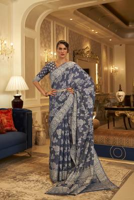 Navy blue woven cotton saree with blouse 1
