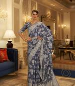 Navy blue woven cotton saree with blouse