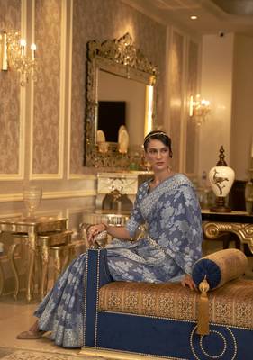 Navy blue woven cotton saree with blouse 2