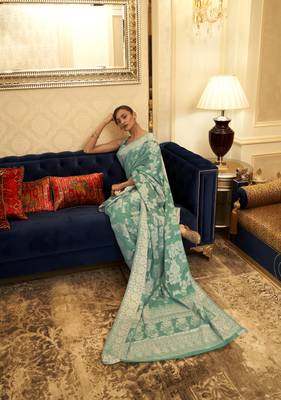 Light green woven cotton saree with blouse 2