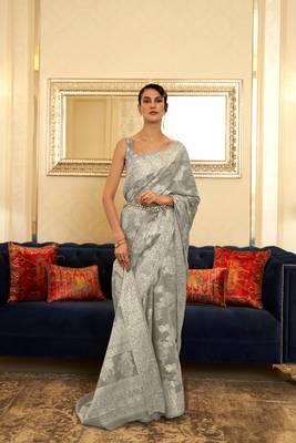 Grey woven cotton saree with blouse 1