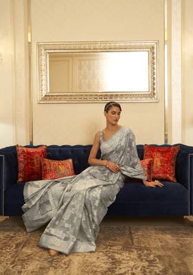 Grey woven cotton saree with blouse 2