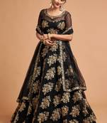 Black embroidered net semi stitched lehenga