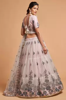 Grey embroidered net semi stitched lehenga
