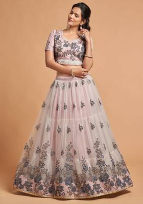 Grey embroidered net semi stitched lehenga 4