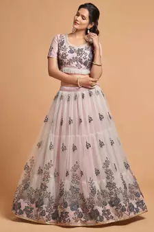 Grey embroidered net semi stitched lehenga