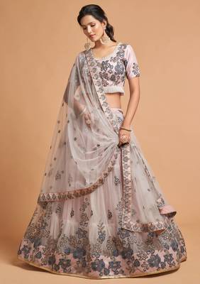 Grey embroidered net semi stitched lehenga 5