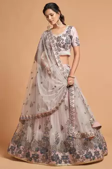 Grey embroidered net semi stitched lehenga