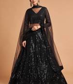 Black embroidered net semi stitched lehenga