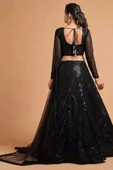 Black embroidered net semi stitched lehenga