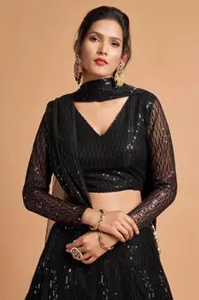 Black embroidered net semi stitched lehenga