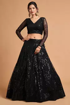 Black embroidered net semi stitched lehenga
