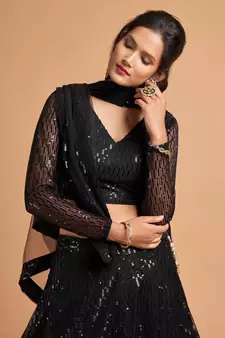 Black embroidered net semi stitched lehenga