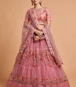 Light-pink embroidered net semi stitched lehenga