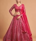Rani-pink embroidered net semi stitched lehenga