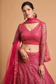 Rani-pink embroidered net semi stitched lehenga
