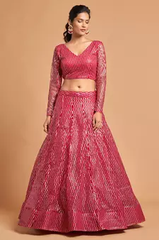 Rani-pink embroidered net semi stitched lehenga