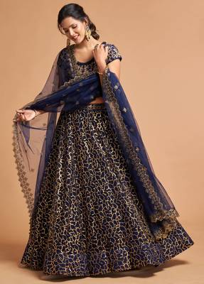 Navy-blue embroidered net semi stitched lehenga 1