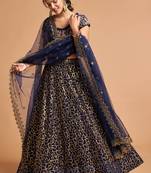 Navy-blue embroidered net semi stitched lehenga