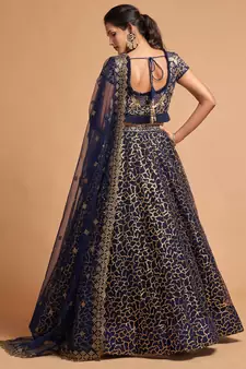 Navy-blue embroidered net semi stitched lehenga