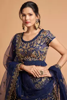 Navy-blue embroidered net semi stitched lehenga