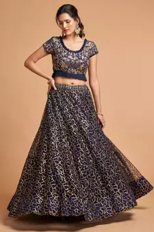 Navy-blue embroidered net semi stitched lehenga