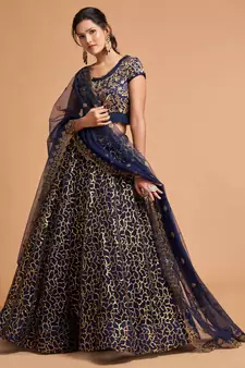 Navy-blue embroidered net semi stitched lehenga