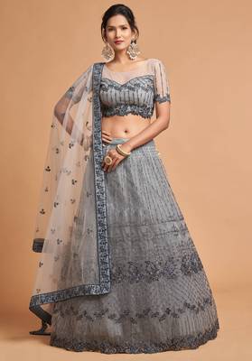 Grey embroidered net semi stitched lehenga 6