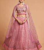 Pink embroidered net semi stitched lehenga