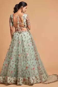 Sky-blue embroidered net semi stitched lehenga