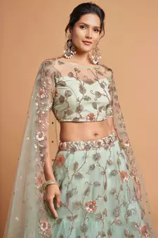 Sky-blue embroidered net semi stitched lehenga