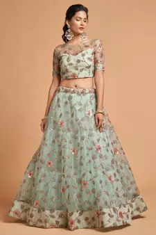 Sky-blue embroidered net semi stitched lehenga