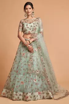Sky-blue embroidered net semi stitched lehenga