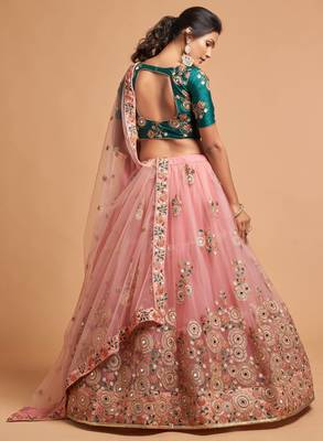 Peach and Green Lehenga Choli with Mirror and EMBROIDERED Designs 3