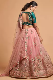 Peach and Green Lehenga Choli with Mirror and EMBROIDERED Designs