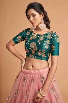 Peach and Green Lehenga Choli with Mirror and EMBROIDERED Designs