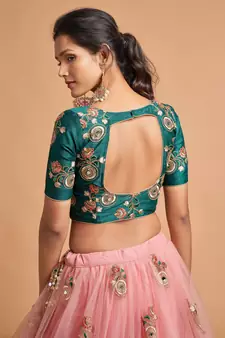 Peach and Green Lehenga Choli with Mirror and EMBROIDERED Designs