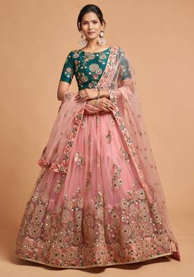 Peach and Green Lehenga Choli with Mirror and EMBROIDERED Designs 6