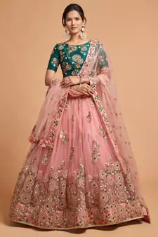 Peach and Green Lehenga Choli with Mirror and EMBROIDERED Designs