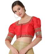 Salwar Studio Women's Red Cotton Silk Embroidered Readymade Saree Blouse